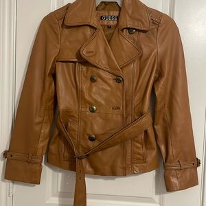 Women’s jacket, brown leather, side S, with belt and side pockets